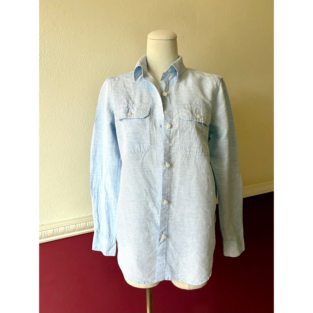 Chaps Light‎ Blue Linen Cotton Blend Button Down Shirt Women's S Preppy Coastal